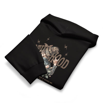 Black folded hoodie with graphic design on a white background