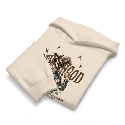 Beige folded hoodie with graphic design and text on a white background