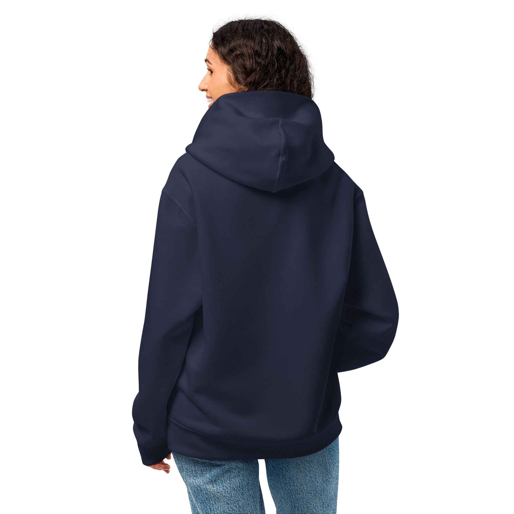 Person wearing a navy blue hoodie from behind on a white background