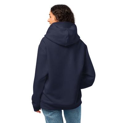 Person wearing a navy blue hoodie from behind on a white background