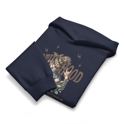 Navy blue folded hoodie with graphic design on a white background