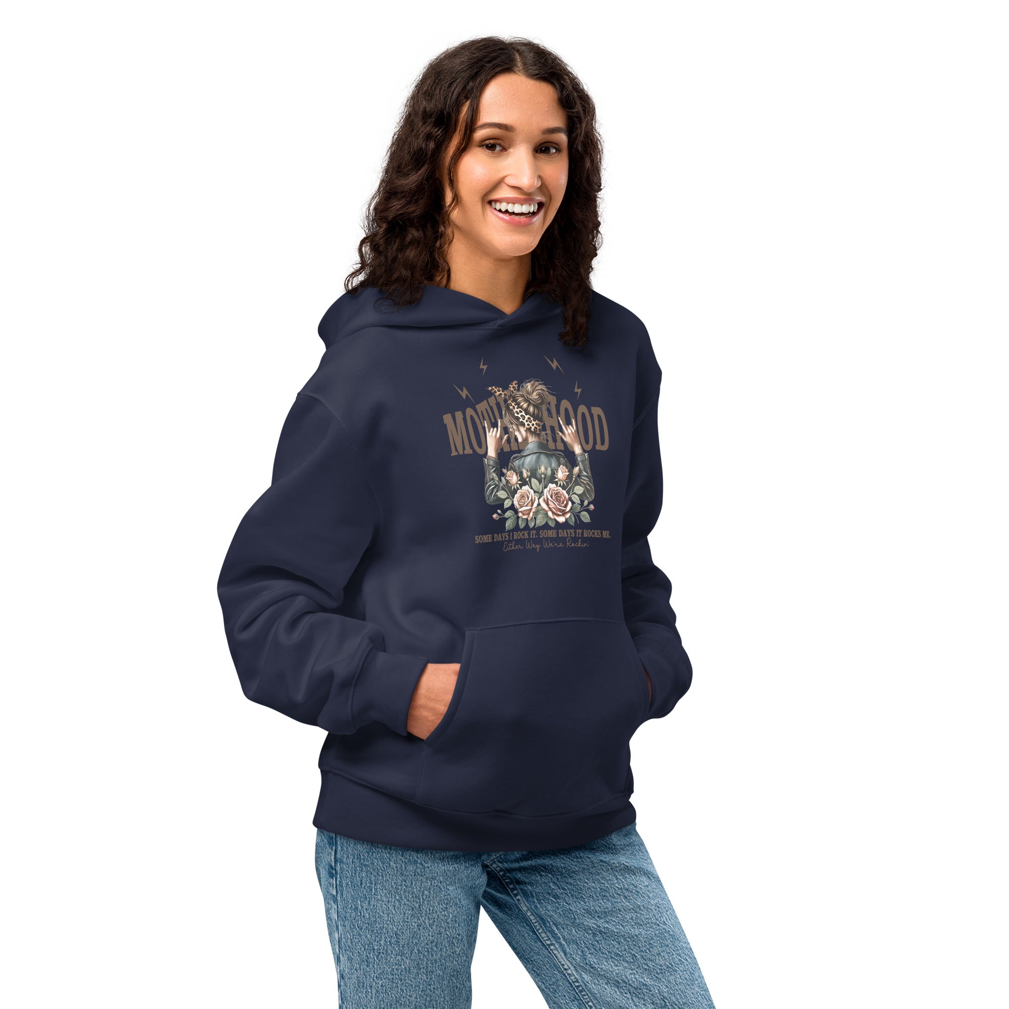 Person wearing a navy hoodie with a graphic design on a white background
