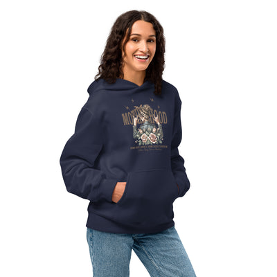 Person wearing a navy hoodie with a graphic design on a white background