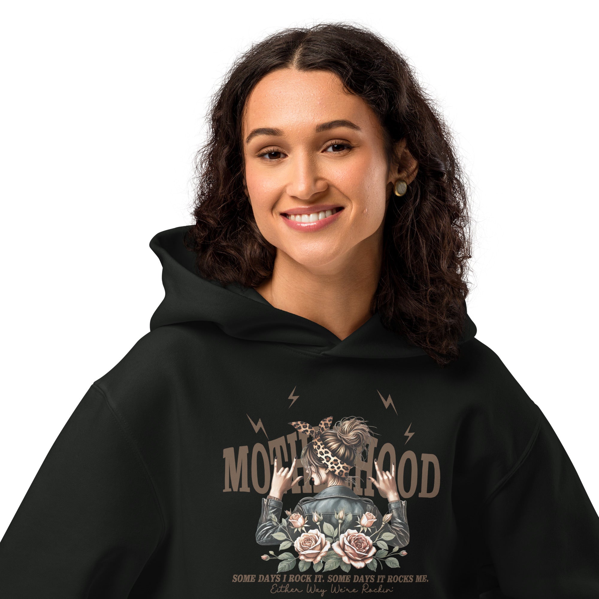 Person wearing a black hoodie with a graphic design on a white background