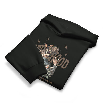 Black folded hoodie with graphic design on a white background