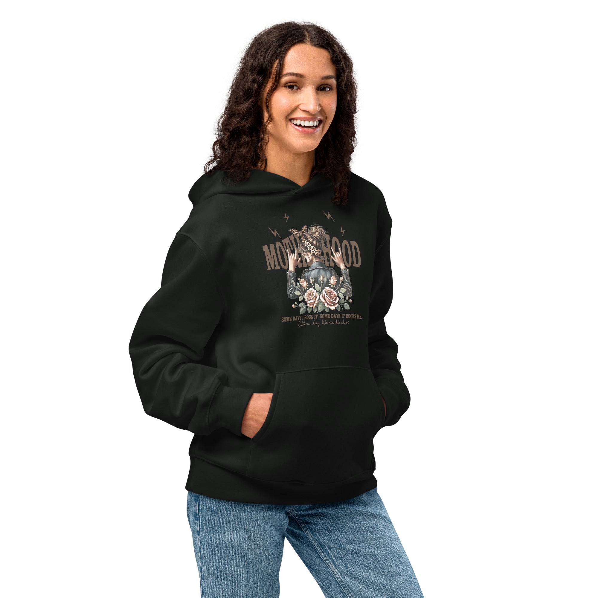 Person wearing a black hoodie with a graphic design on a white background