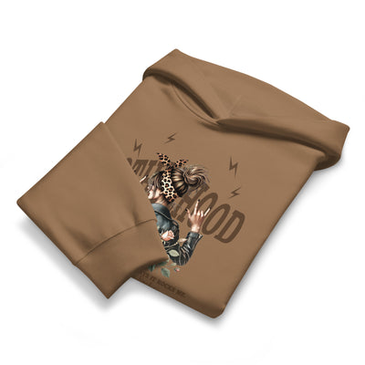 Brown folded hoodie with graphic design on a white background