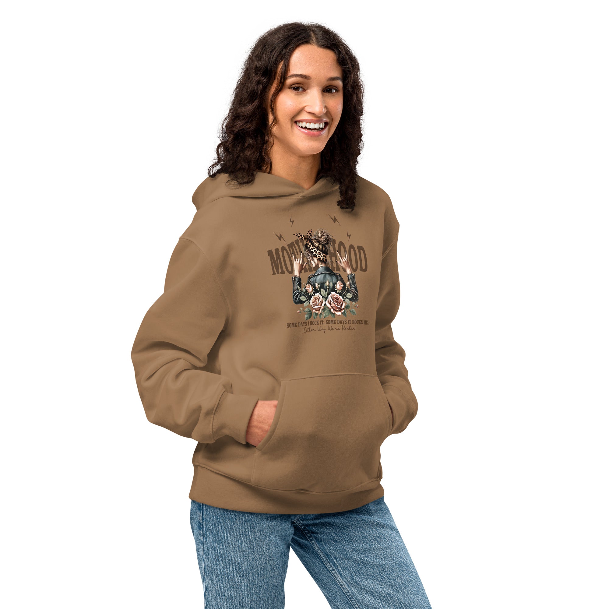 Woman wearing a brown hoodie with a graphic design on a white background