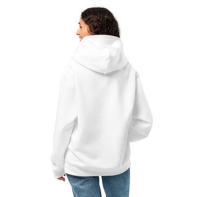 Person wearing a white hoodie from behind on a white background