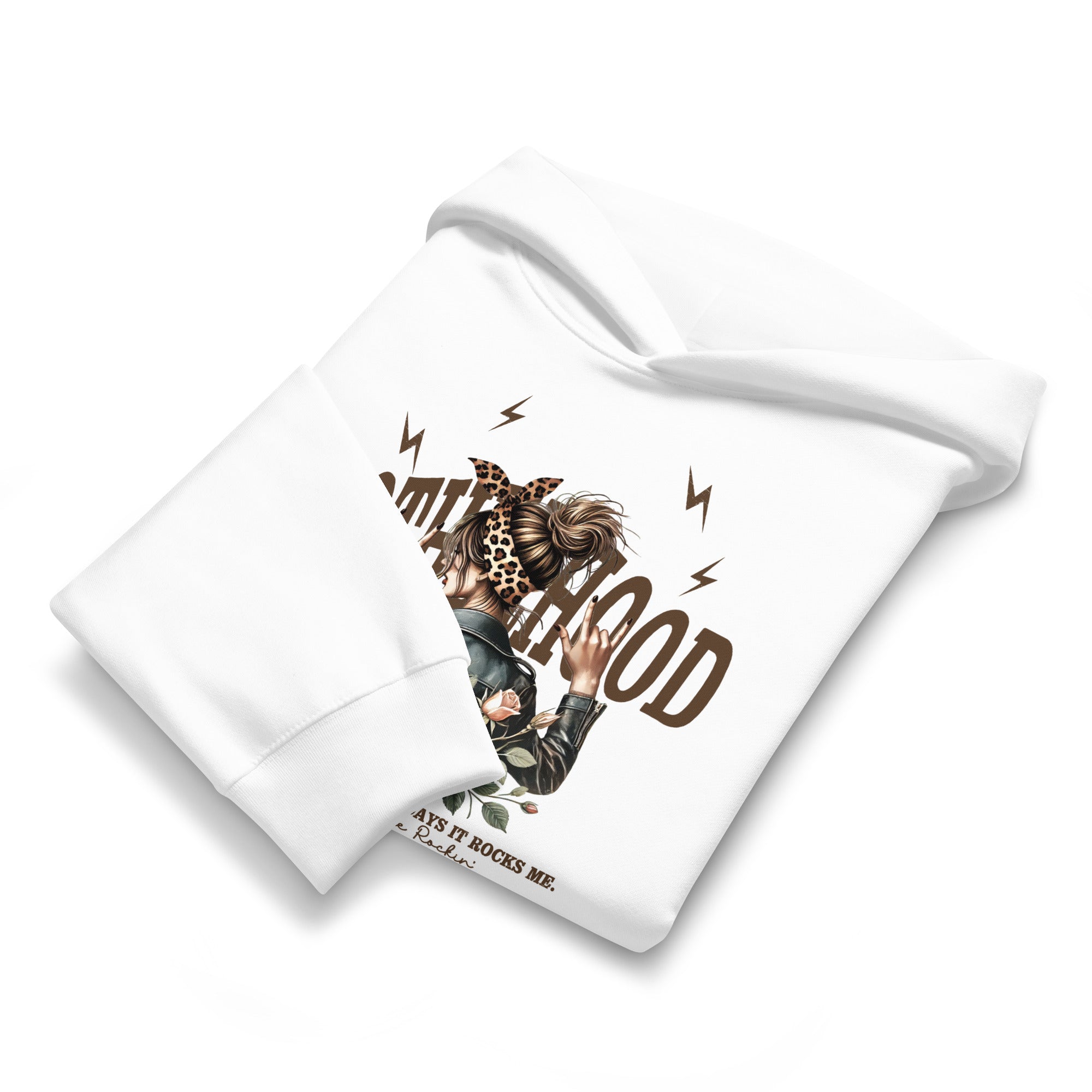 White folded hoodie with a graphic design of a woman with  text on a white background