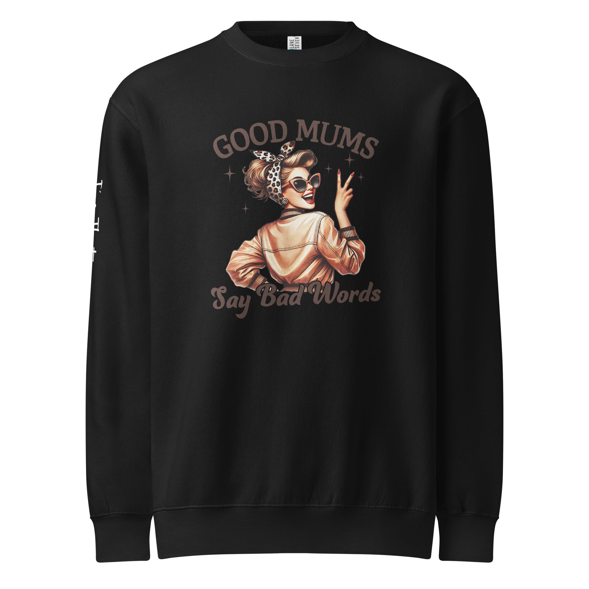 Black sweatshirt with mothers day graphic design and text on a white background