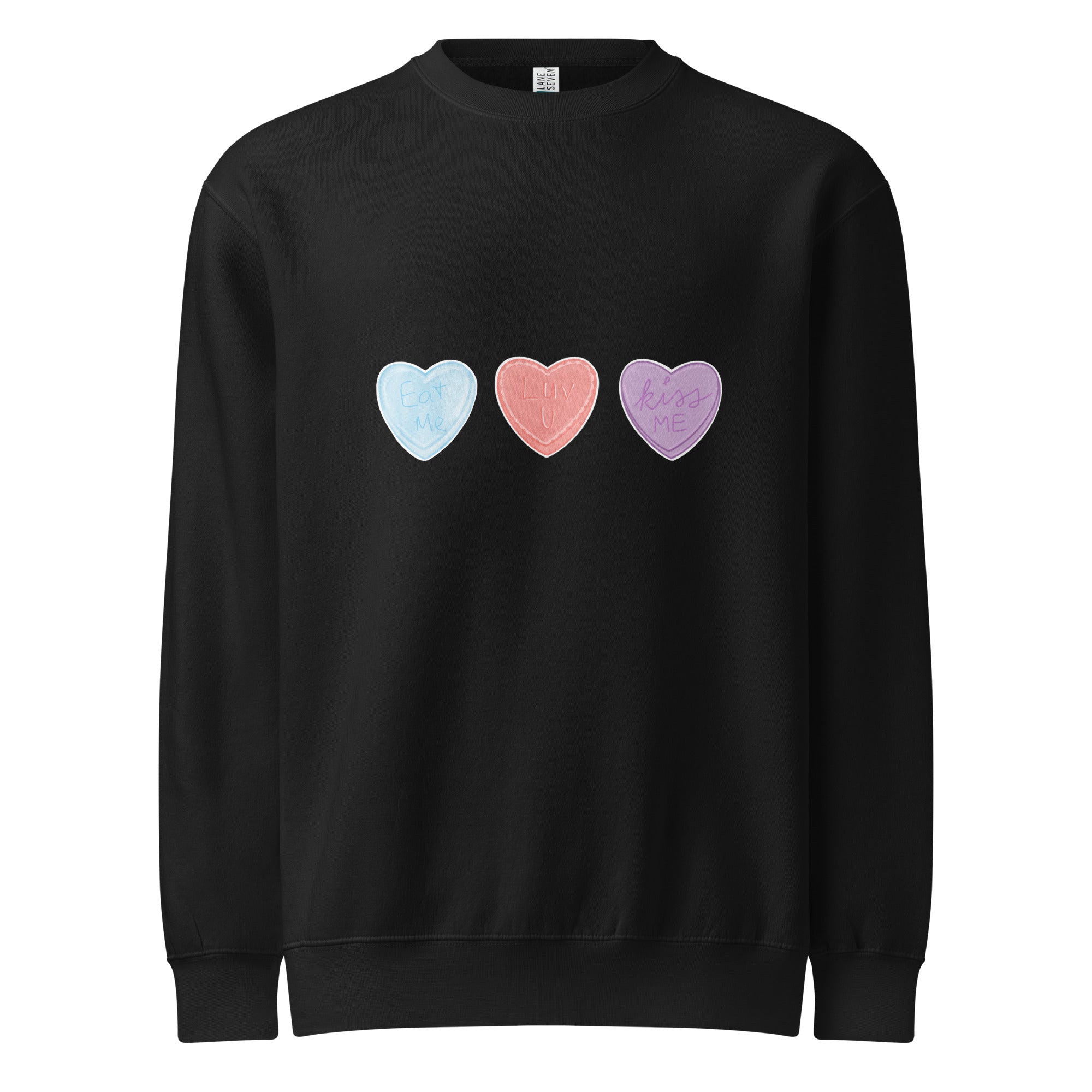 Black sweatshirt with colourful heart shapes on a white background