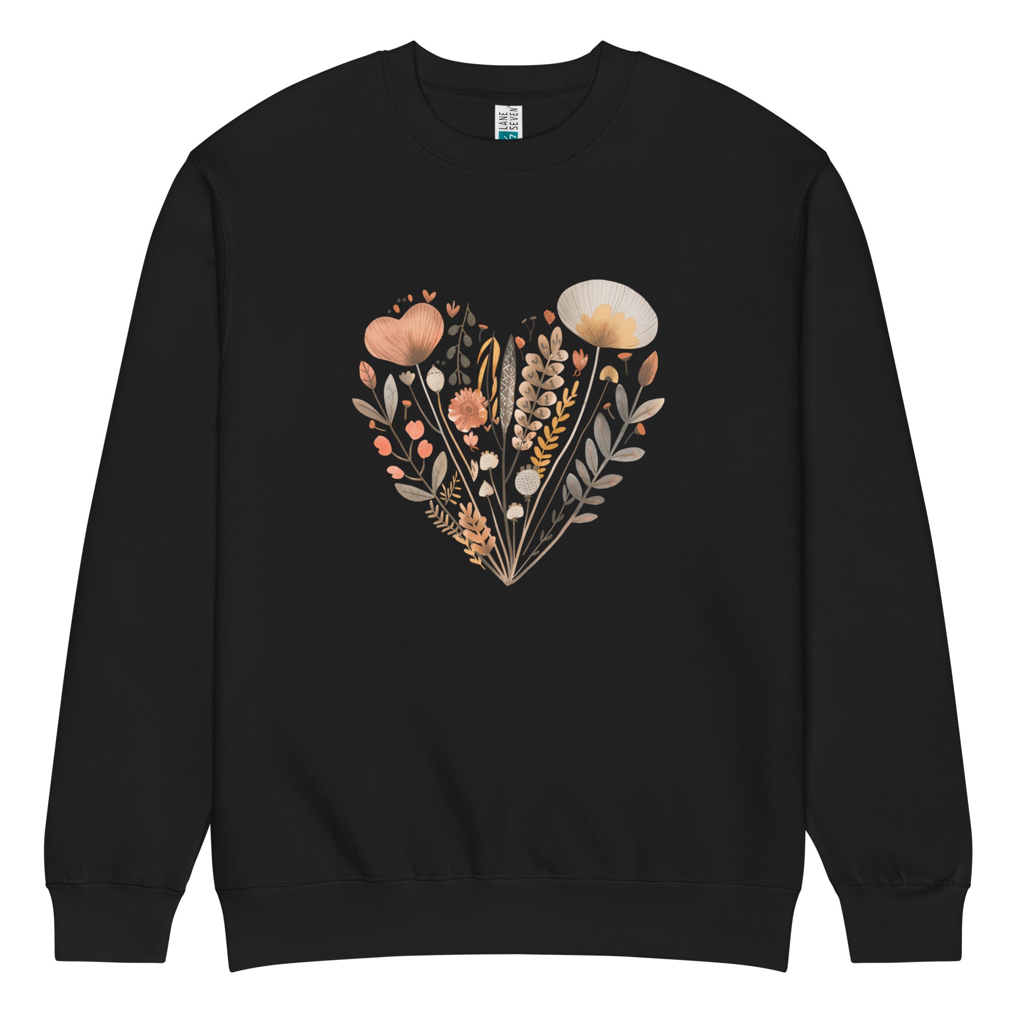Black sweatshirt with a floral heart design on a white background