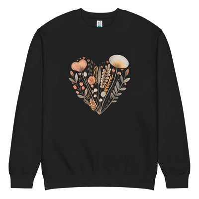 Black sweatshirt with a floral heart design on a white background