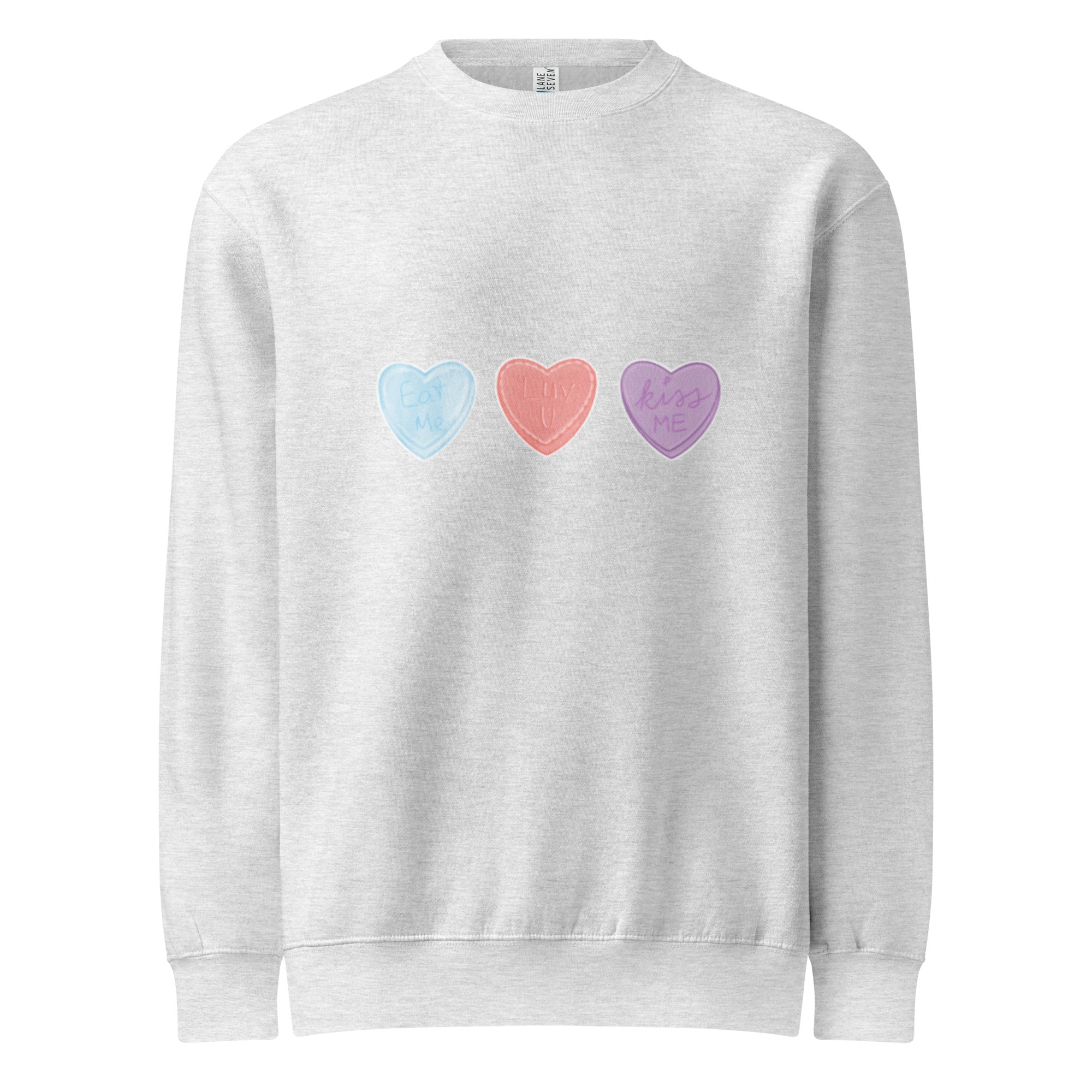 Grey sweatshirt with colourful hearts on a white background