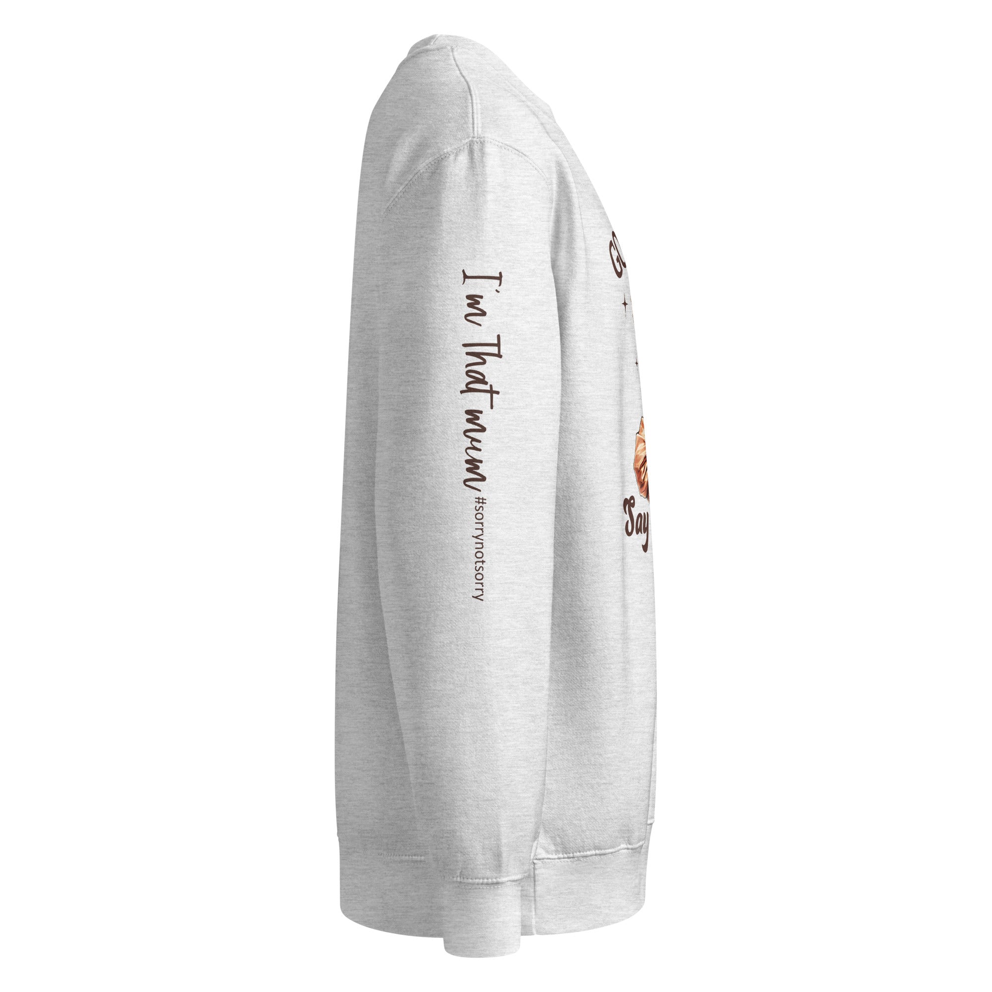 Light grey sweatshirt with sleeve text and graphics on a white background