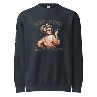 Navy blue sweatshirt with mothers day graphic design and text on a white background