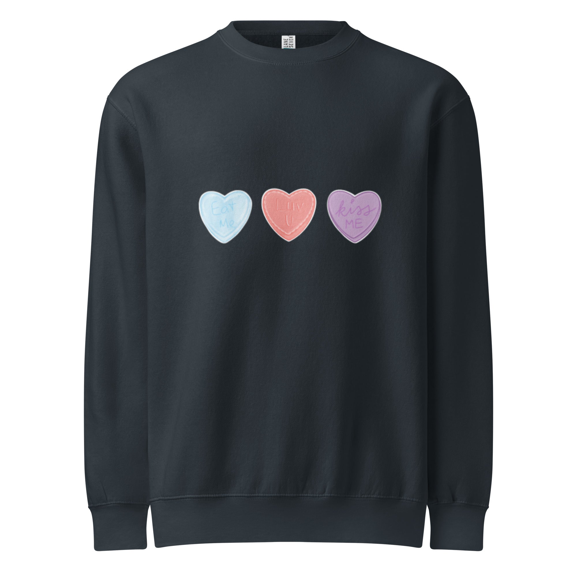 Black sweatshirt with three colourful hearts on a white background