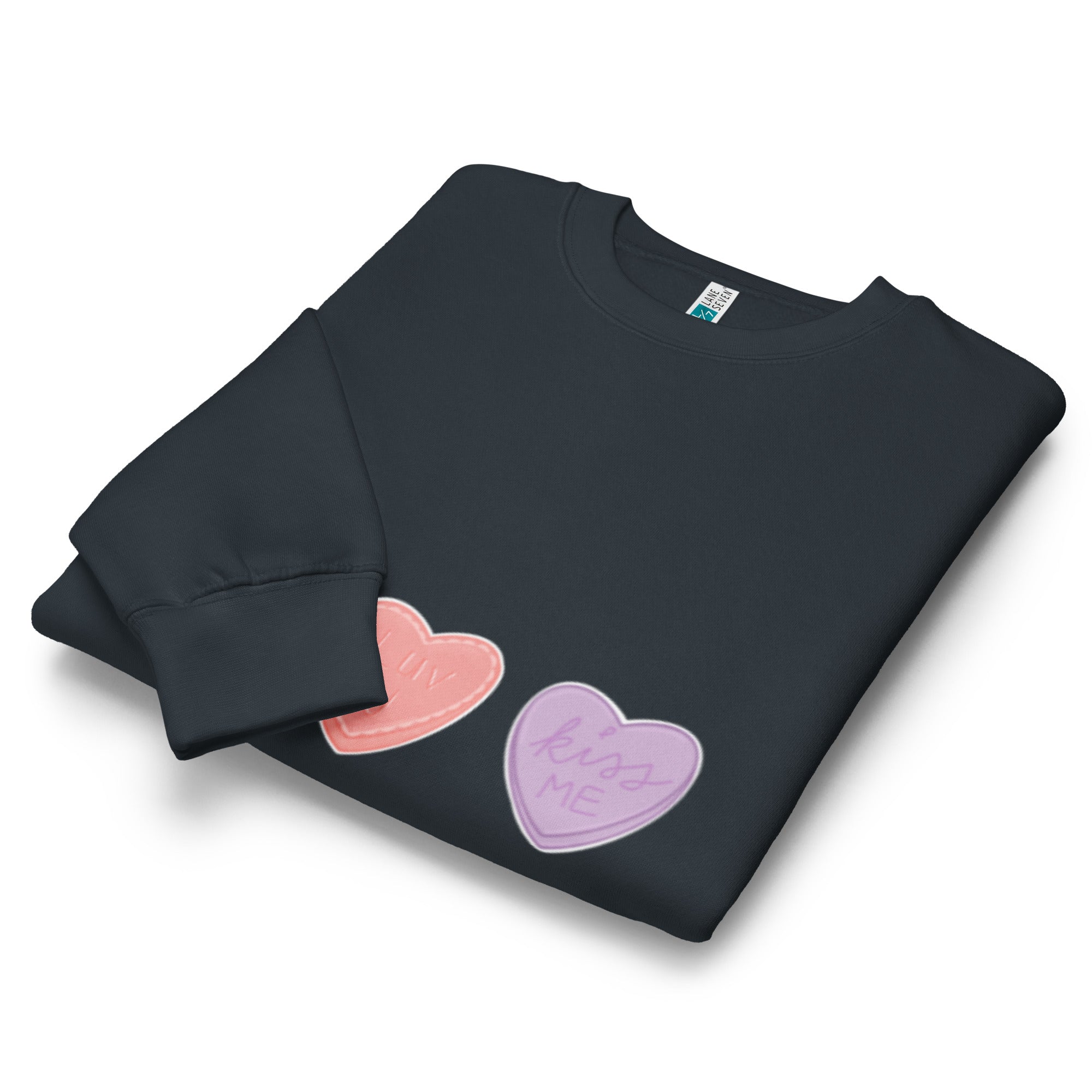 Black sweatshirt with pink and purple hearts on a white background