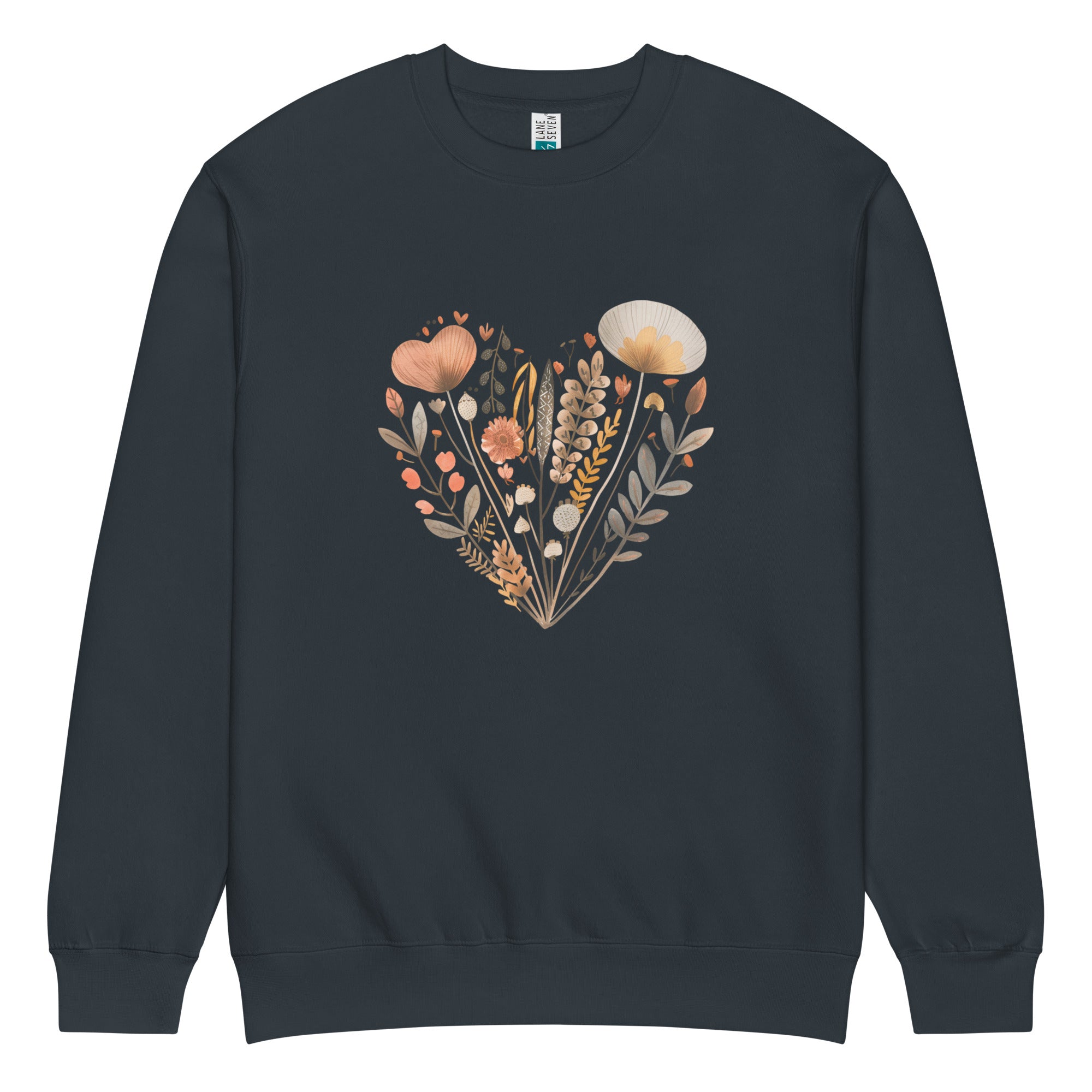 Navy blue sweatshirt with a floral heart design on a white background
