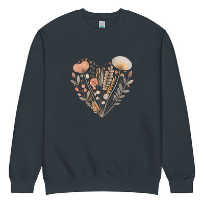 Navy blue sweatshirt with a floral heart design on a white background