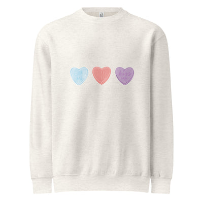 Grey sweatshirt with colourful heart design on a white background