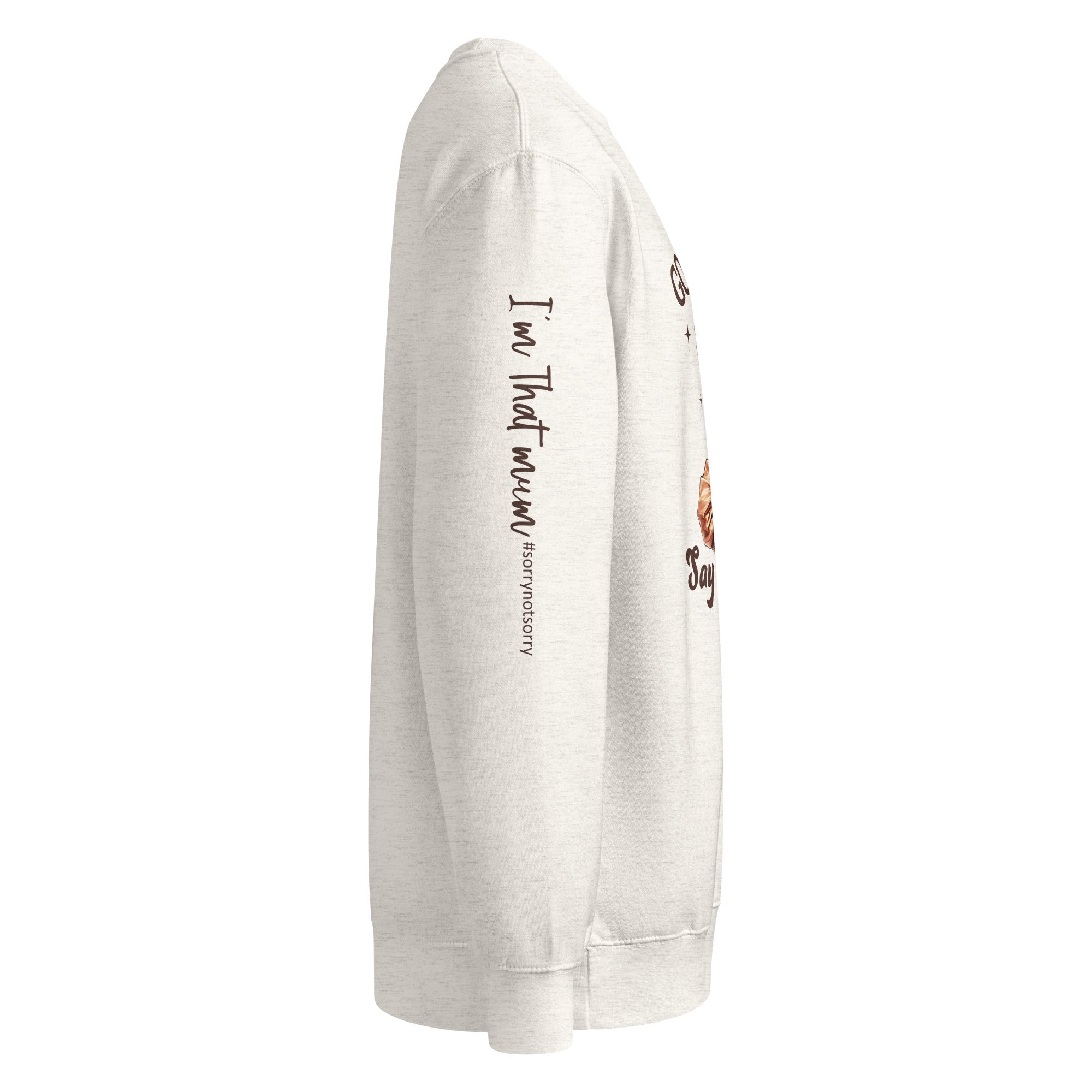 White sweatshirt with sleeve text and graphics on a white background
