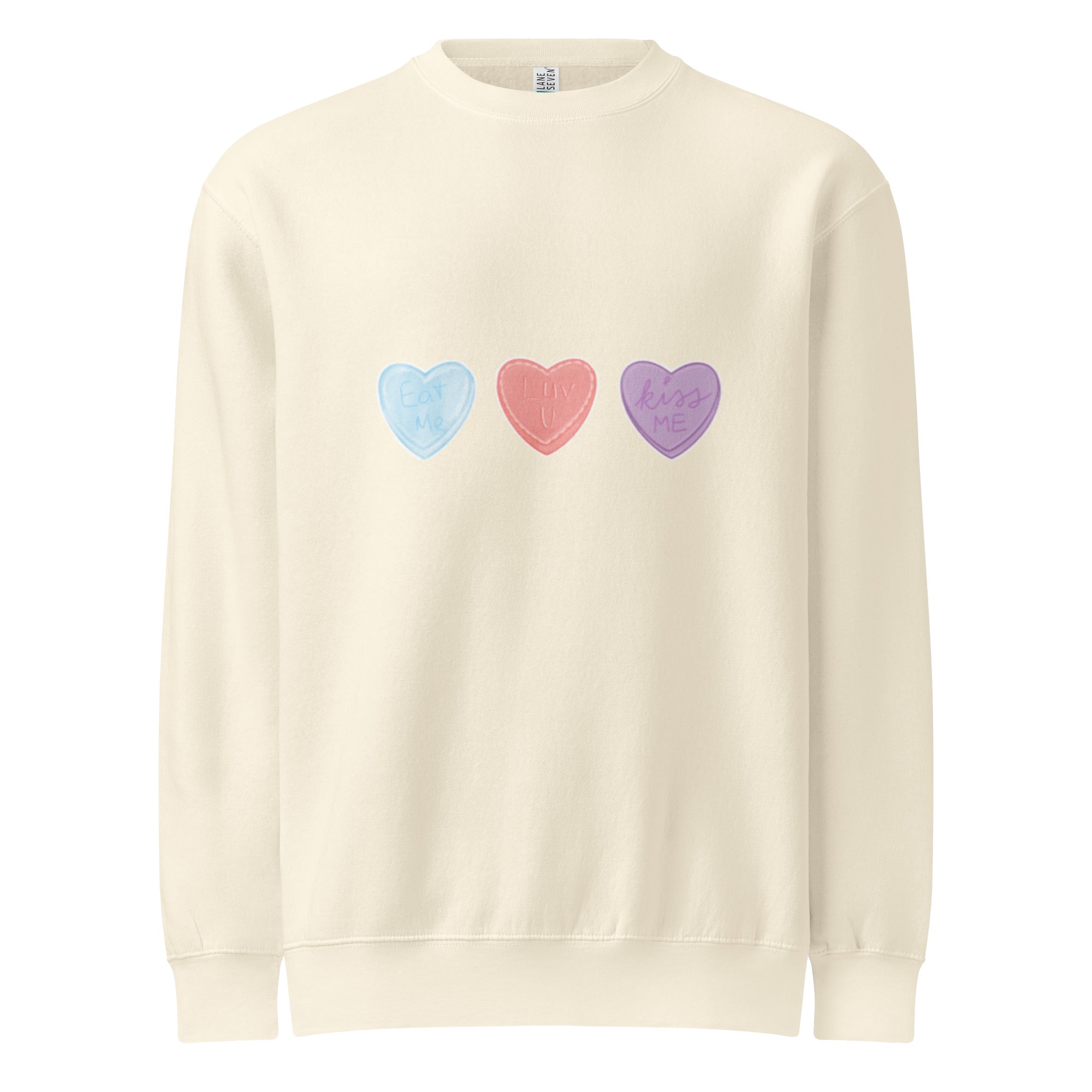 Beige sweatshirt with colourful heart designs on a white background