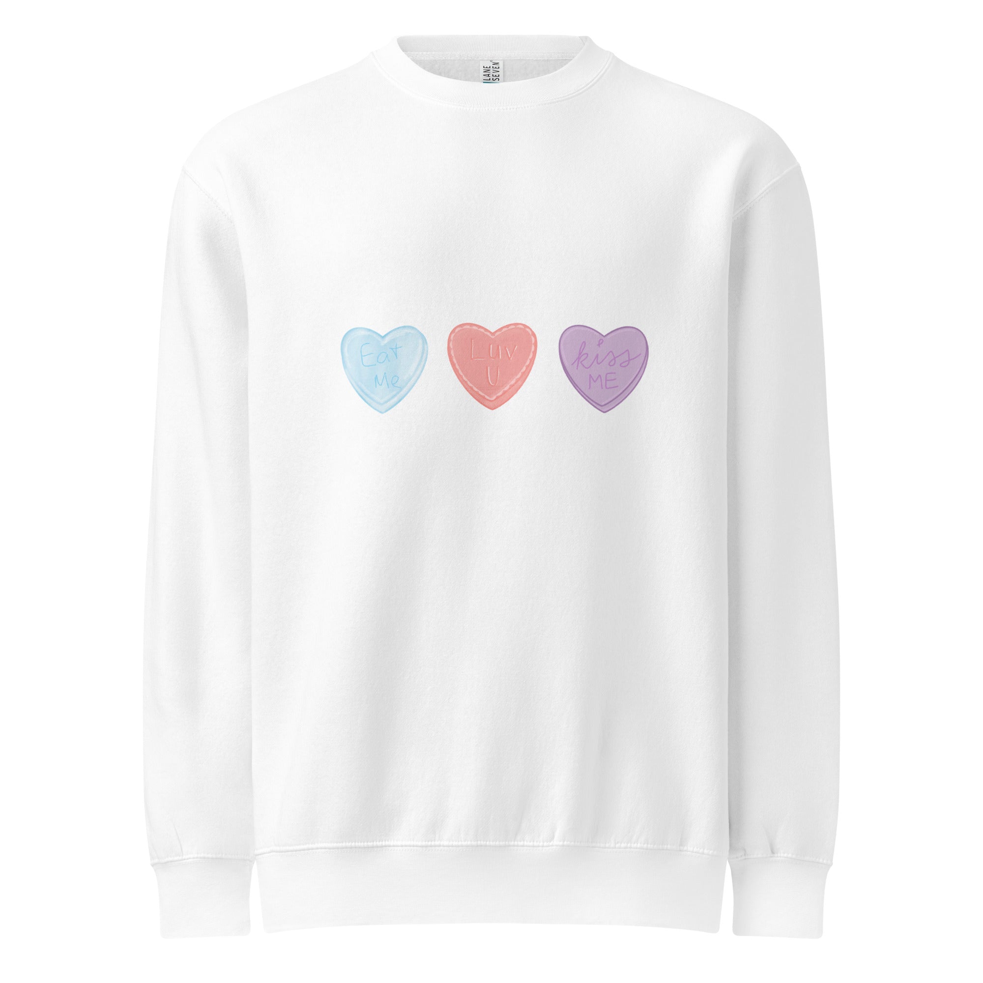 White sweatshirt with three colourful hearts on a white background