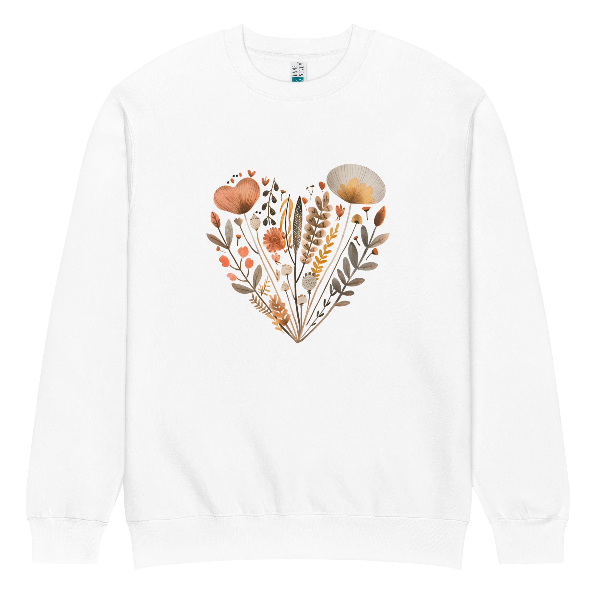White sweatshirt with a floral heart design on a white background