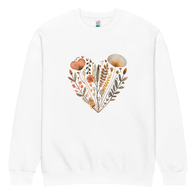 White sweatshirt with a floral heart design on a white background