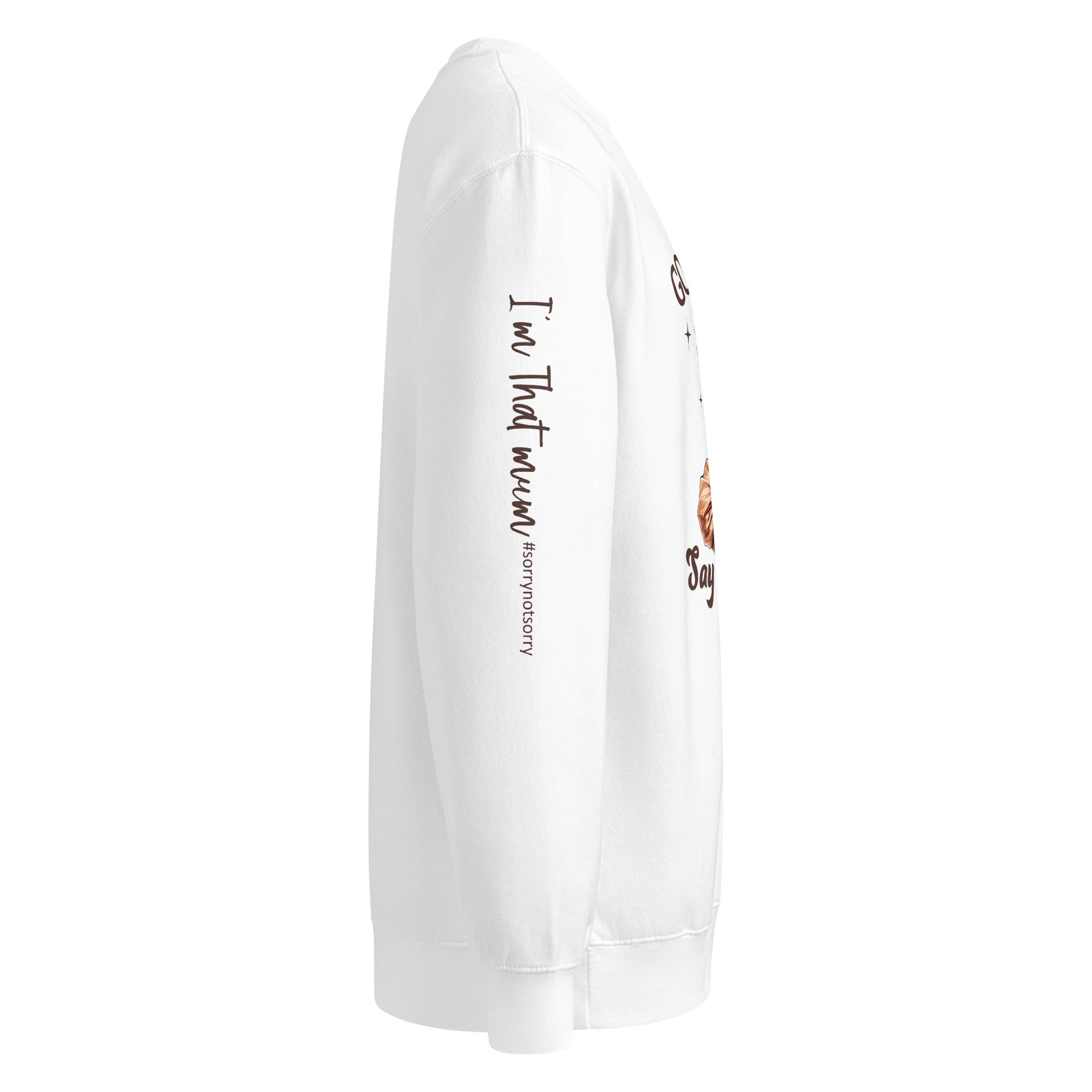 White sweatshirt with sleeve text and graphics on a white background