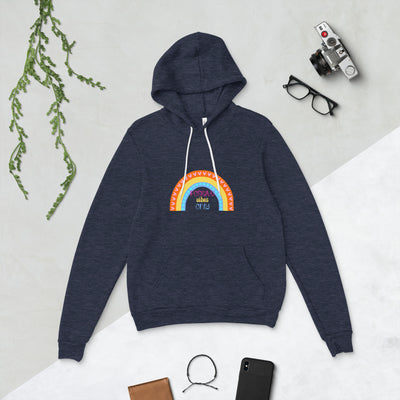 Navy blue hoodie with a colourful rainbow design on a light grey background