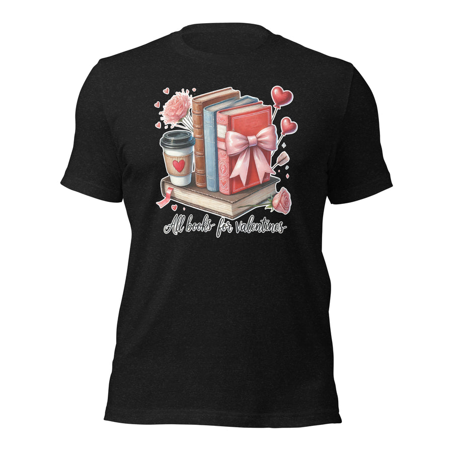 Black t-shirt with Valentine's Day design featuring books, a coffee cup, and decorative elements on a white background.