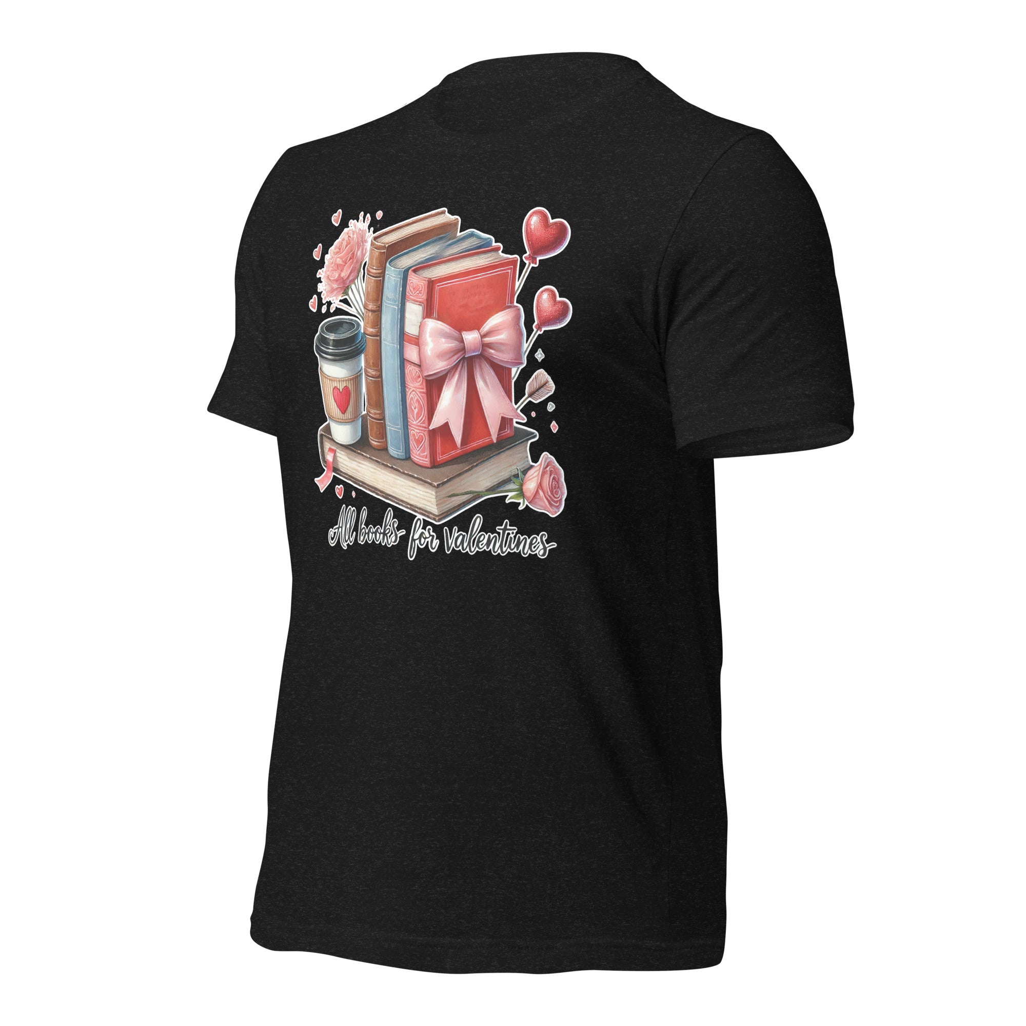 Black t-shirt with Valentine's Day design featuring books, a bow, and coffee cup on a white background