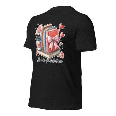 Black t-shirt with Valentine's Day design featuring books, a bow, and coffee cup on a white background