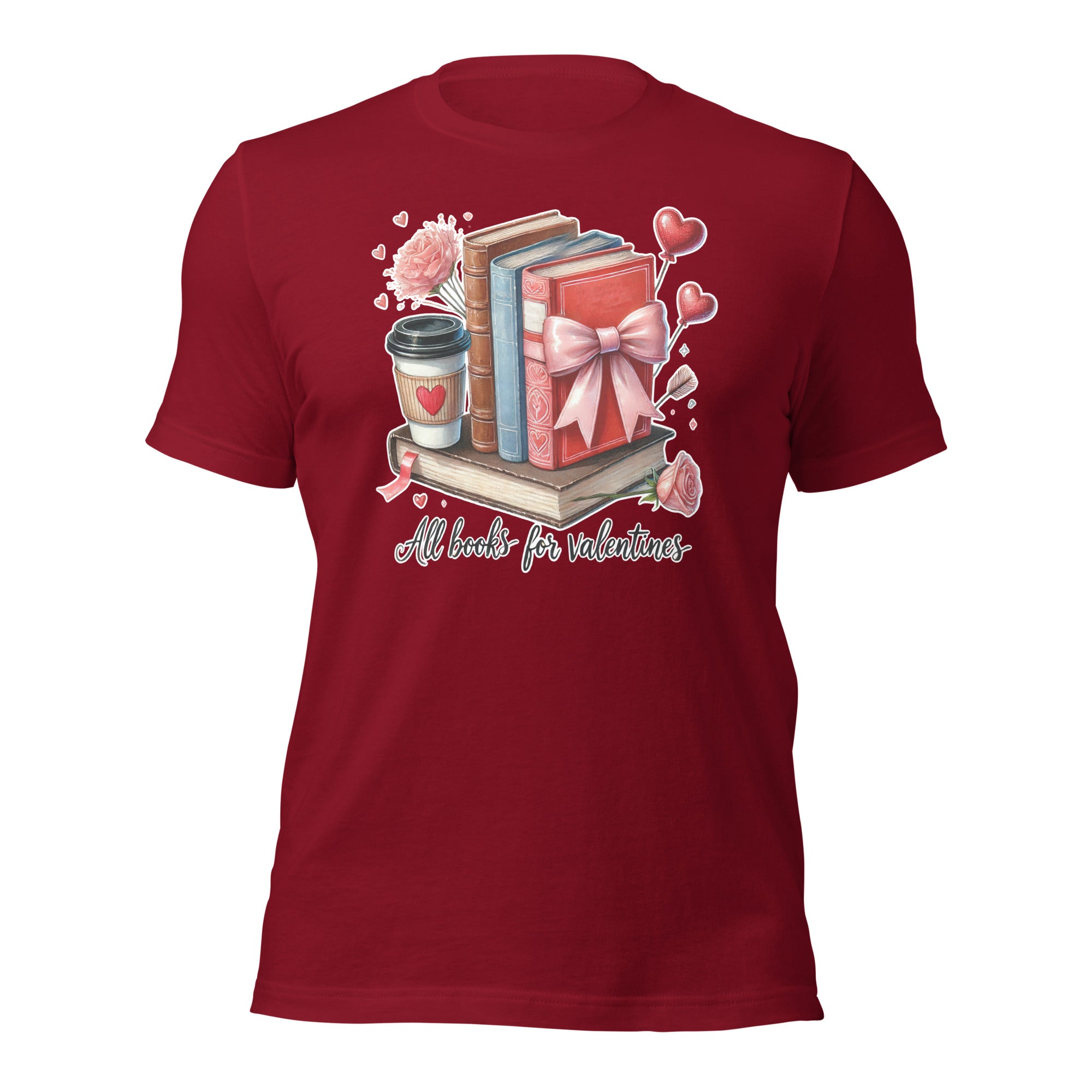 Red t-shirt with Valentine's Day design featuring books, a coffee cup, and decorative elements on a white background.