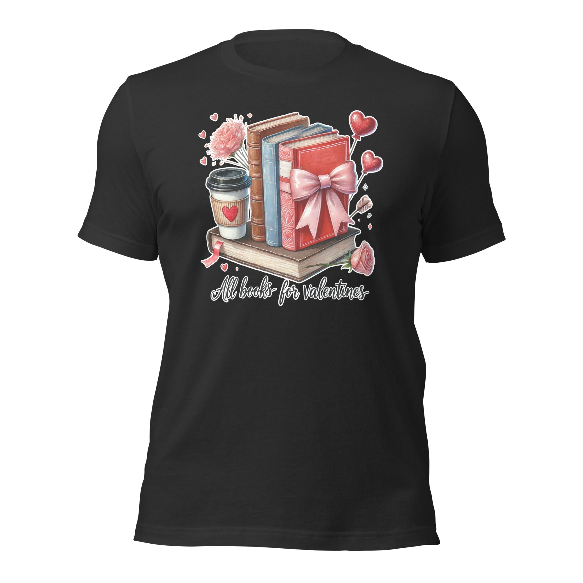 Black t-shirt with Valentine's Day-themed design featuring books, a coffee cup, and decorative elements on a white background.