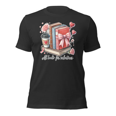 Black t-shirt with Valentine's Day-themed design featuring books, a coffee cup, and decorative elements on a white background.