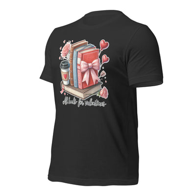 Black t-shirt with a Valentine's Day design featuring books, a coffee cup, and decorative elements on a white background.