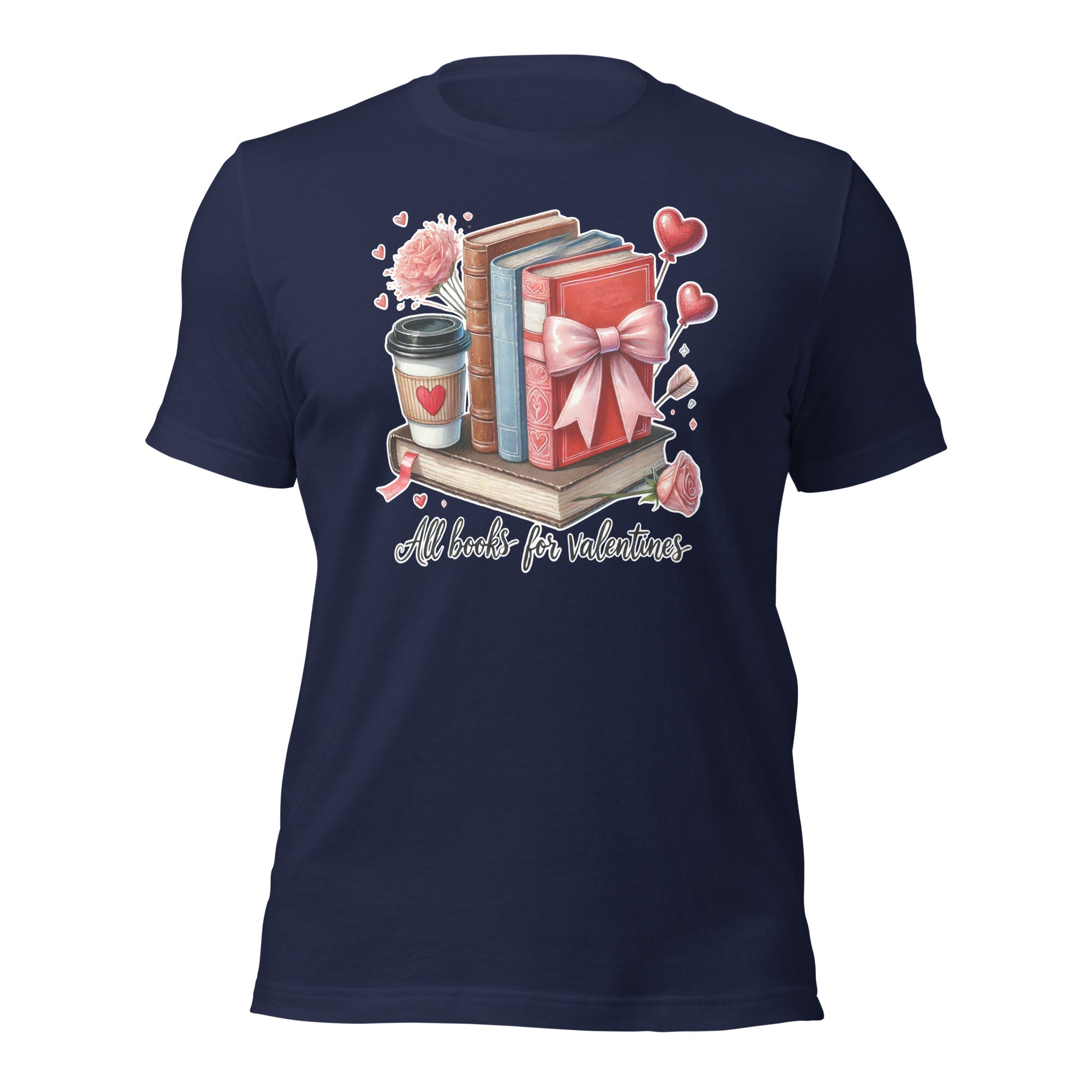 Navy blue t-shirt with Valentine's Day design featuring books, a coffee cup, and decorative elements on a white background.