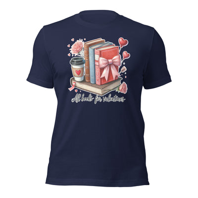Navy blue t-shirt with Valentine's Day design featuring books, a coffee cup, and decorative elements on a white background.