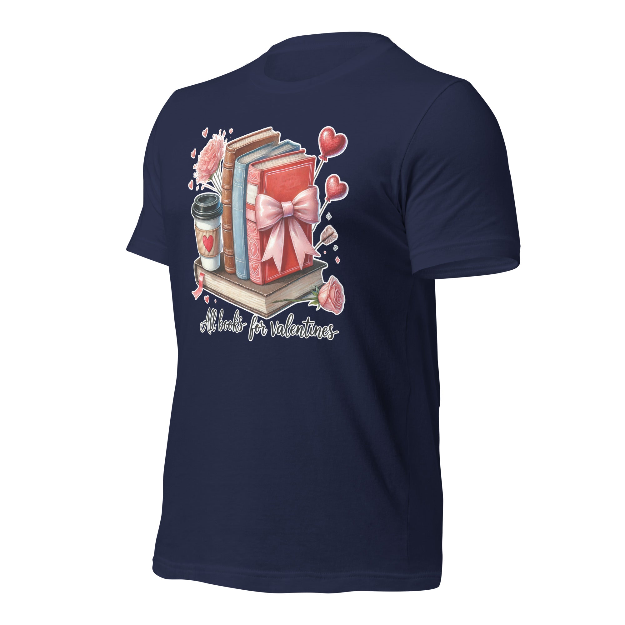 Navy blue t-shirt with a Valentine's Day design featuring books, a bow, and a cup on a white background.