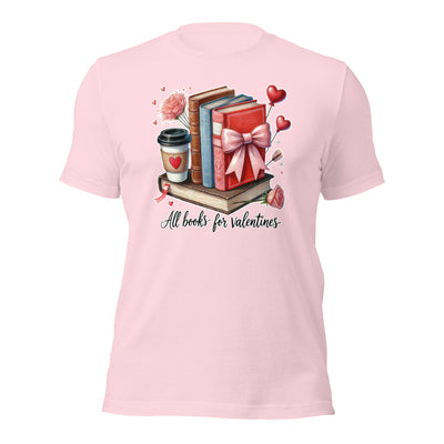 Pink t-shirt with Valentine's Day design featuring books, a coffee cup, and a pink bow.