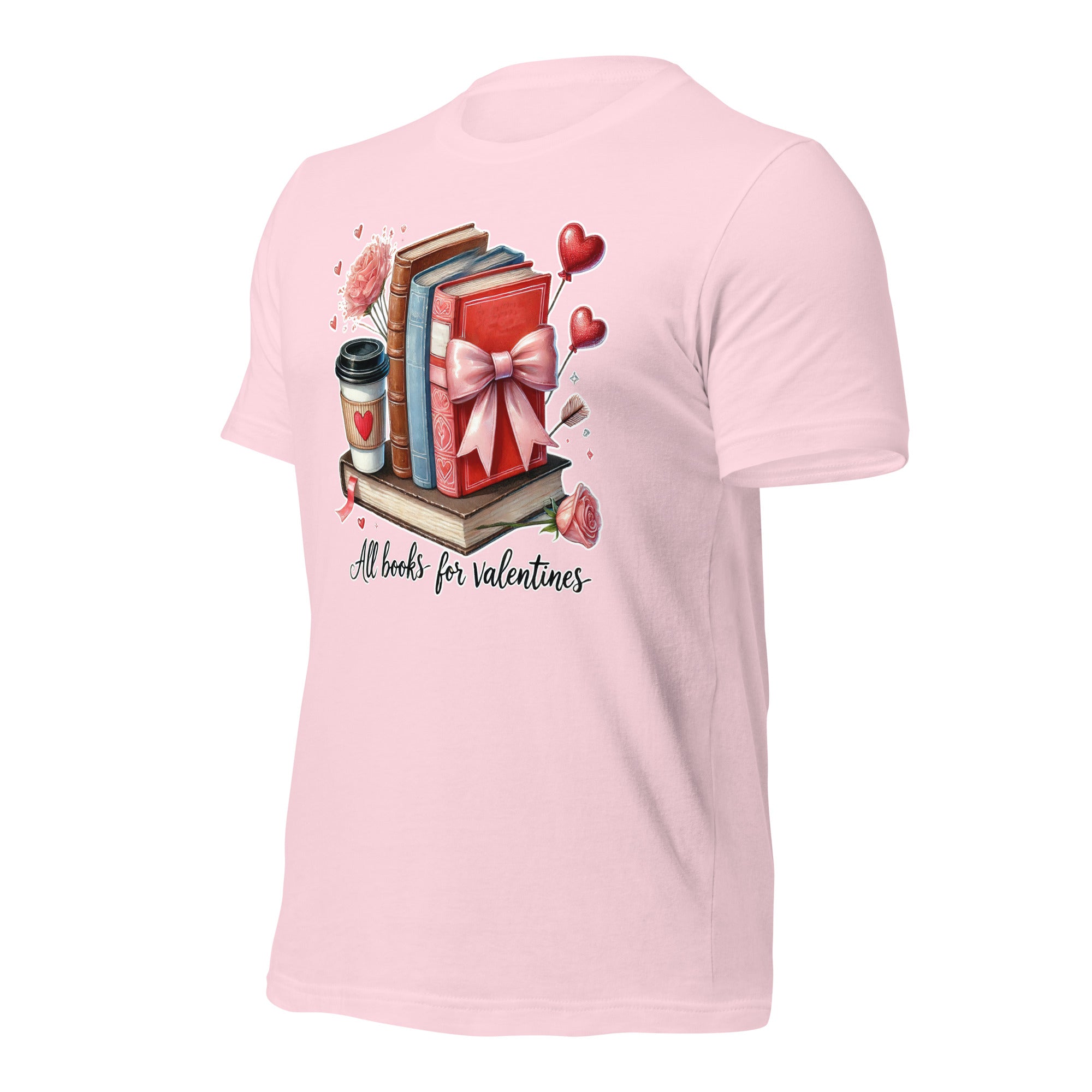 Pink t-shirt with Valentine's Day design featuring books, a coffee cup, and a gift on a white background.