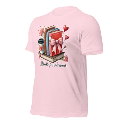 Pink t-shirt with Valentine's Day design featuring books, a coffee cup, and a gift on a white background.
