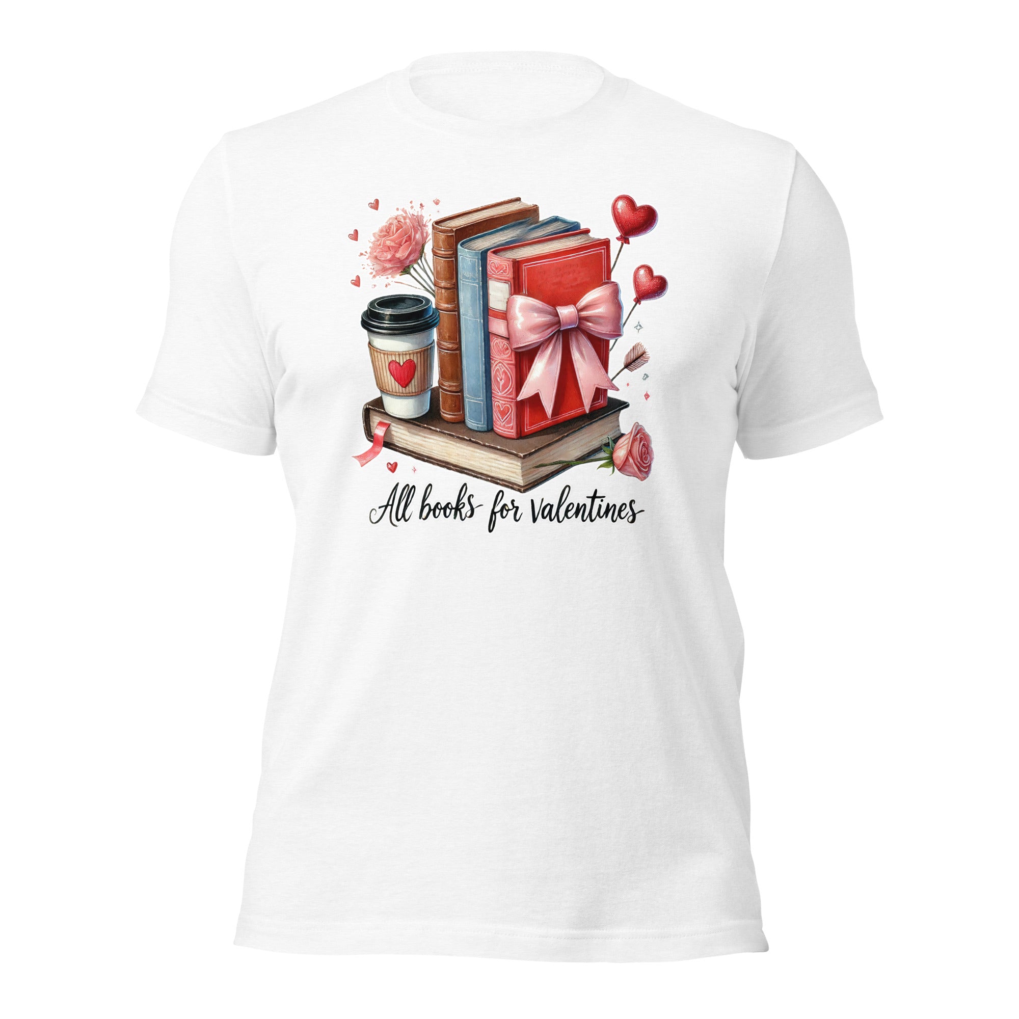 White t-shirt with Valentine's Day design featuring books, a coffee cup, and a gift box on a white background.