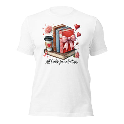 White t-shirt with Valentine's Day design featuring books, a coffee cup, and a gift box on a white background.