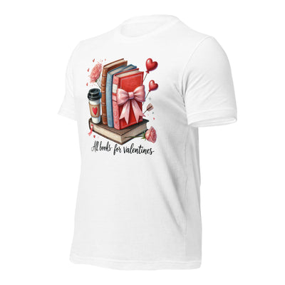 White t-shirt with Valentine's Day design featuring books, a coffee cup, and decorative elements on a white background.