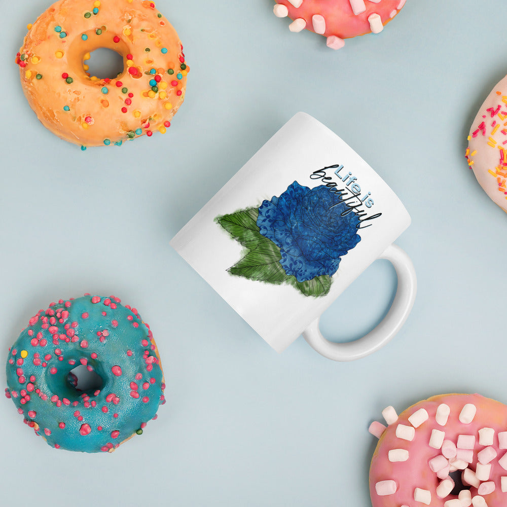 White Glossy Mug with Rose Design, Ceramic Coffee Mug, Customisable Mug, Tea Mug, Personalised Mug, Gift For Coffee Lovers